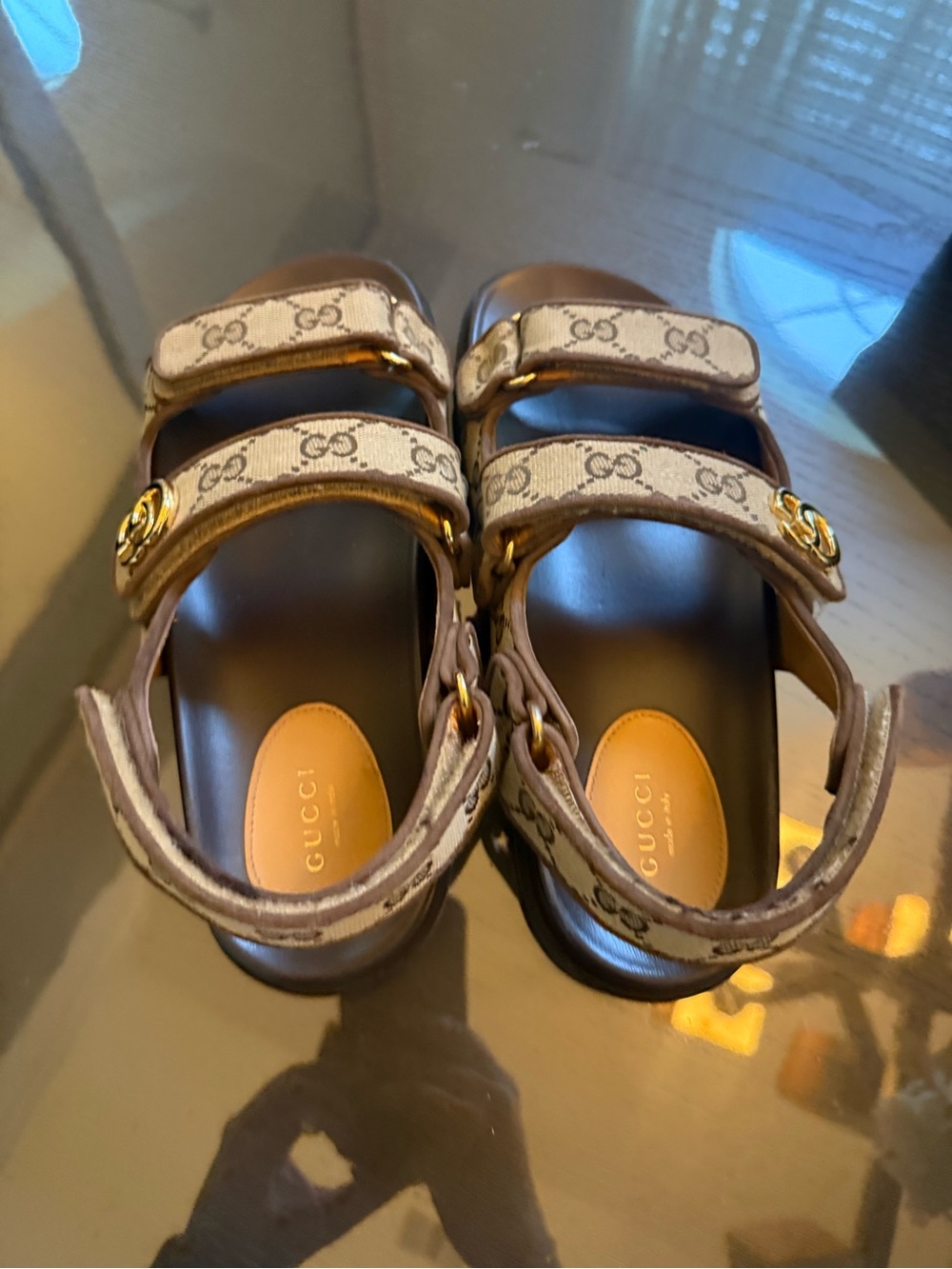 Gucci Brown Beige GG Canvas Sandals with Gold Double-G Accent - Picture 3 of 9